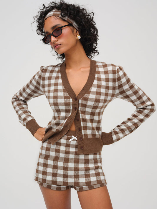 For Love and Lemons Gingham Knit Cardigan - Brown