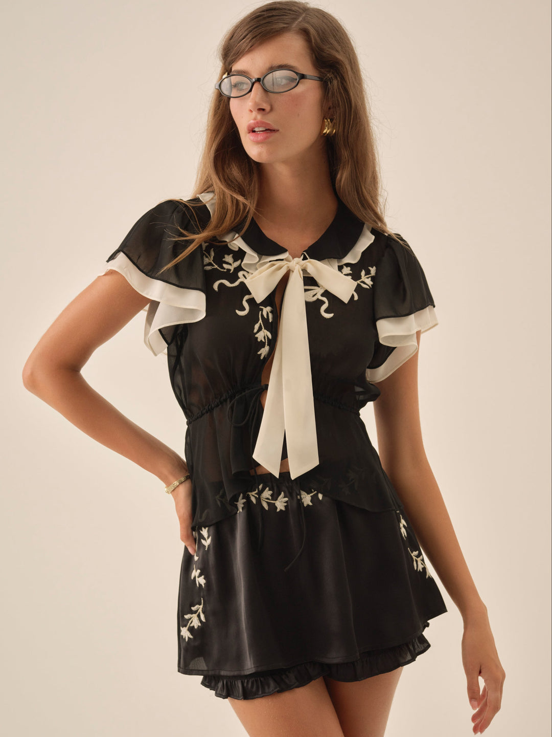 For Love and Lemons Emmie Chiffon Skort - Black