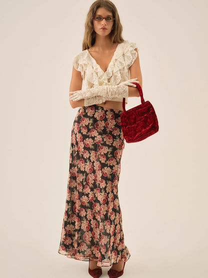 For Love and Lemons Belmond Floral Maxi Skirt - Black