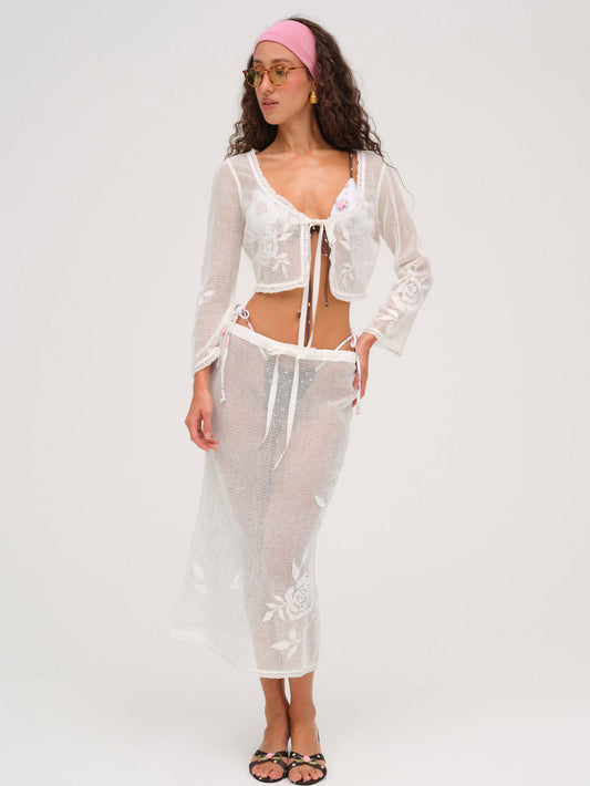 For Love and Lemons Rose Crochet Midi Skirt - White