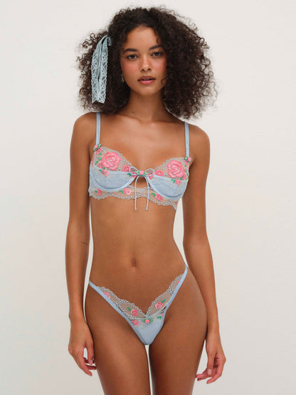 For Love and Lemons Vintage Rose Eyelet Thong Panty - Blue